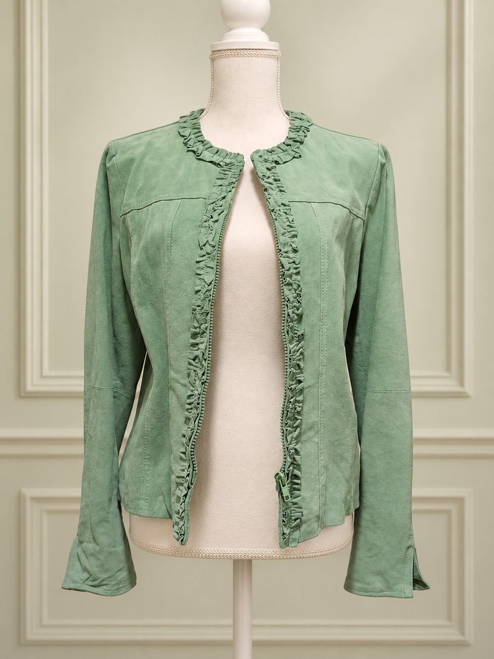 Carrie Allen Genuine Leather Sage Green Ruffle Jacket Size L
